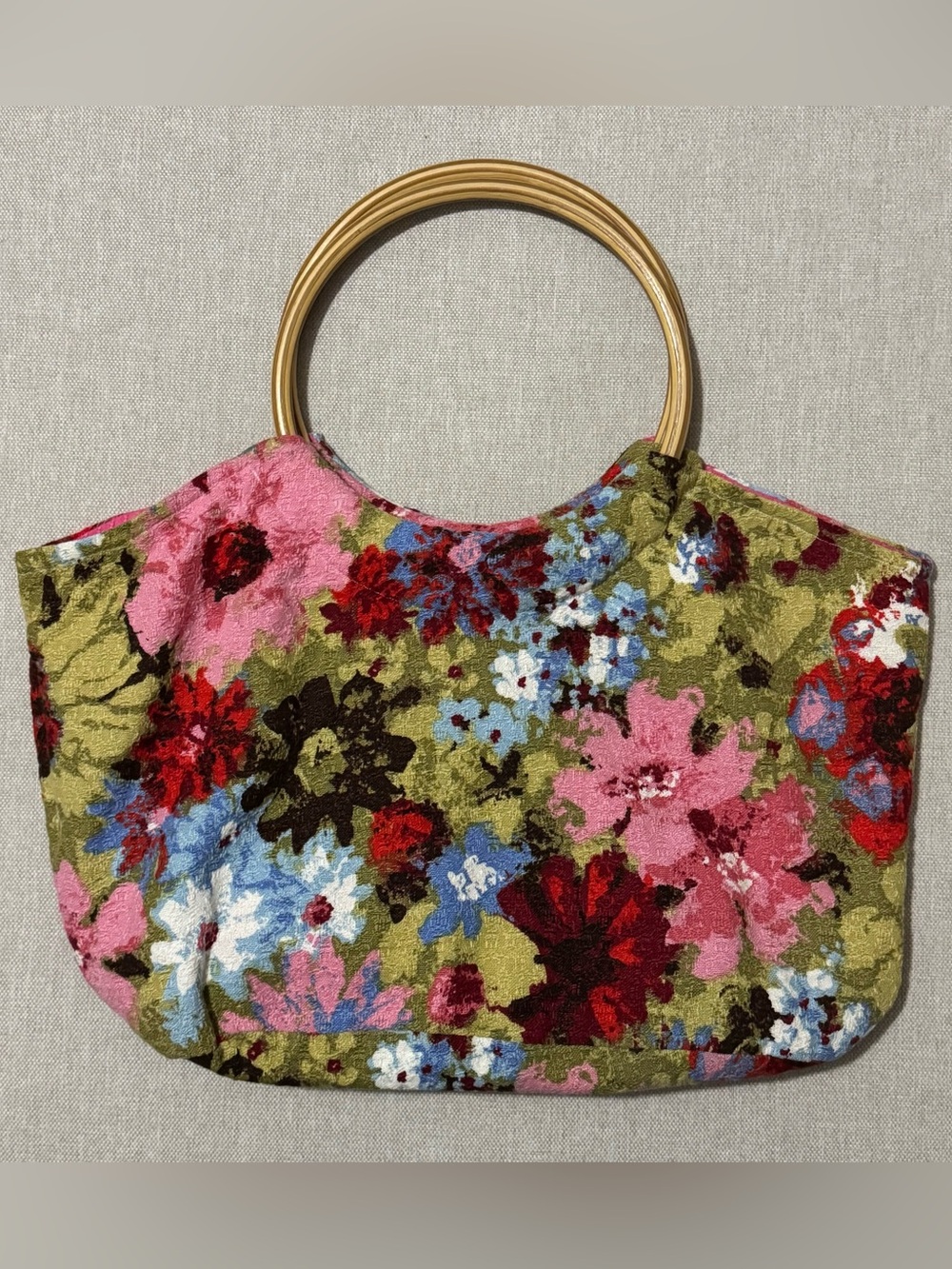 Stunning Handmade Bag-Floral Vintage Material-Pink Interior-Wooden Handles-EUC